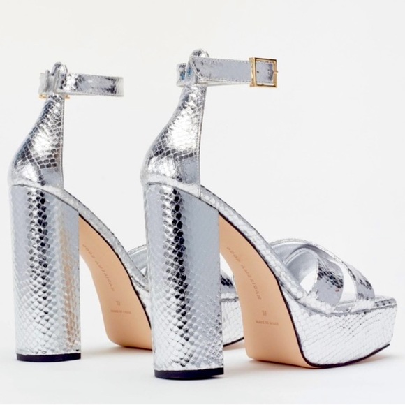 Good American Platform Block Heel Sandals In Silver Snake Size 8 NIB - Picture 5 of 8